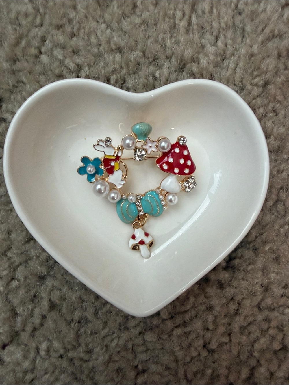 Mushroom & Pearl Brooch - Turquoise & Red